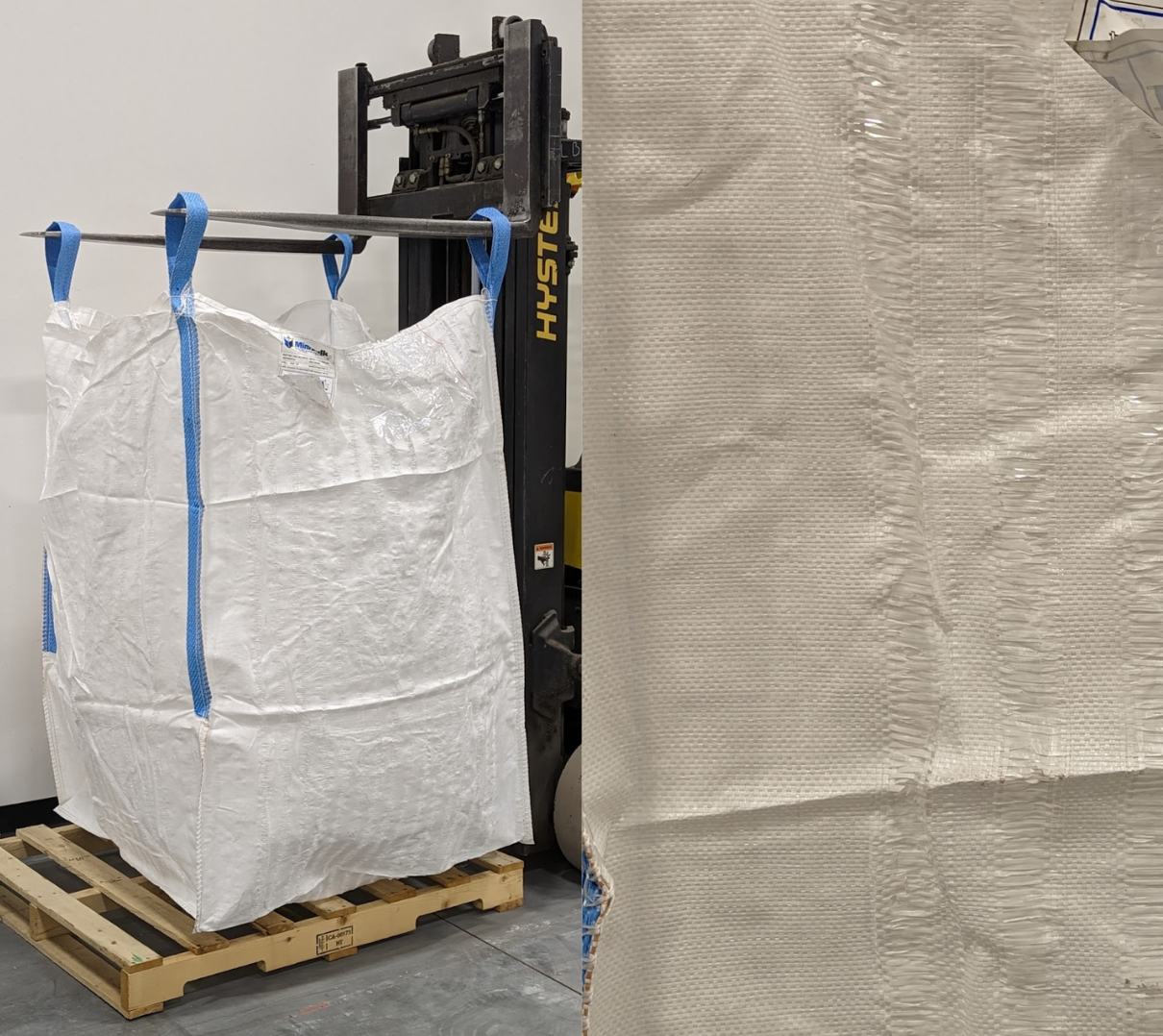 A standard vented bag hanging from a forklift and a close up of the material of a standard vented bag.